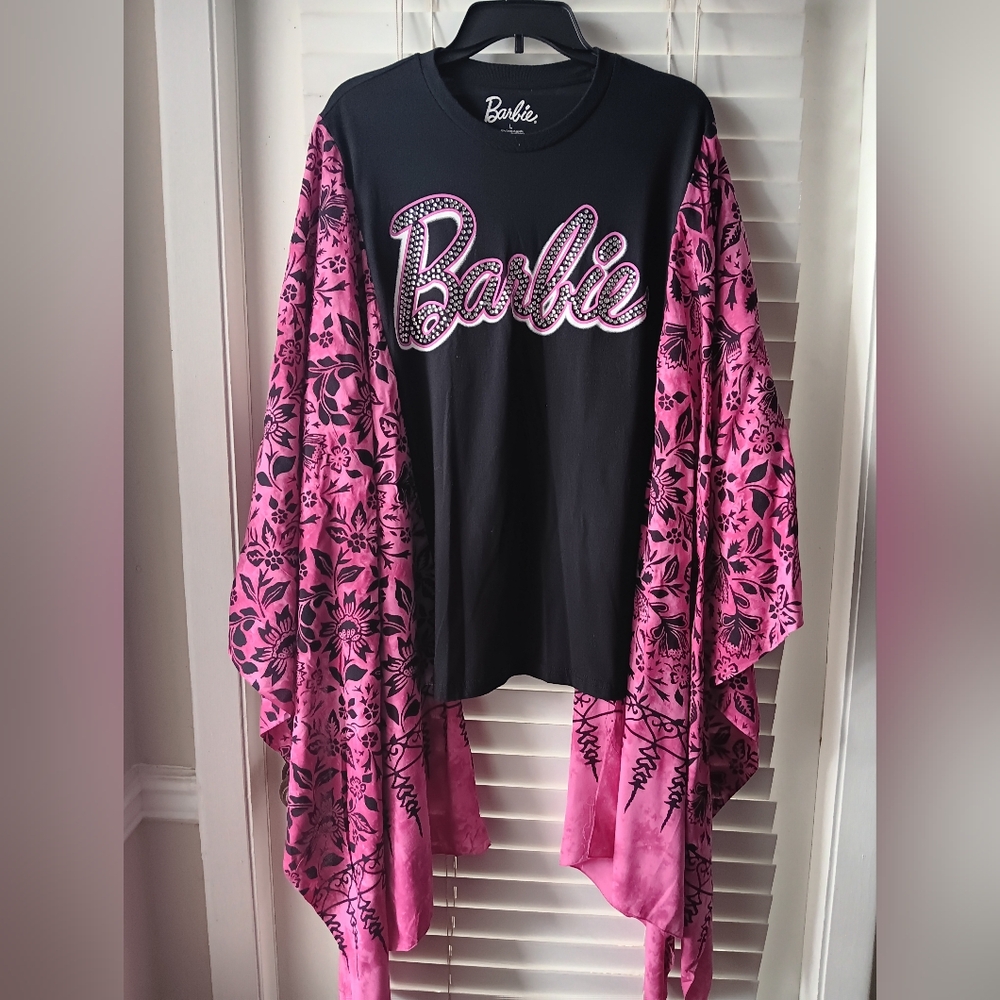 Upcycled Barbie Black and Pink Graphic Top with Floral Kimono